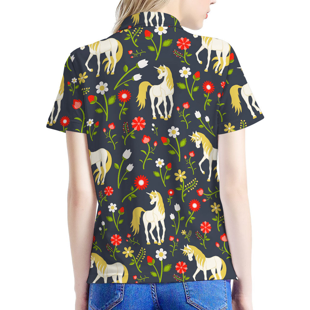 Magic Floral Unicorn Pattern Print Women's Polo Shirt