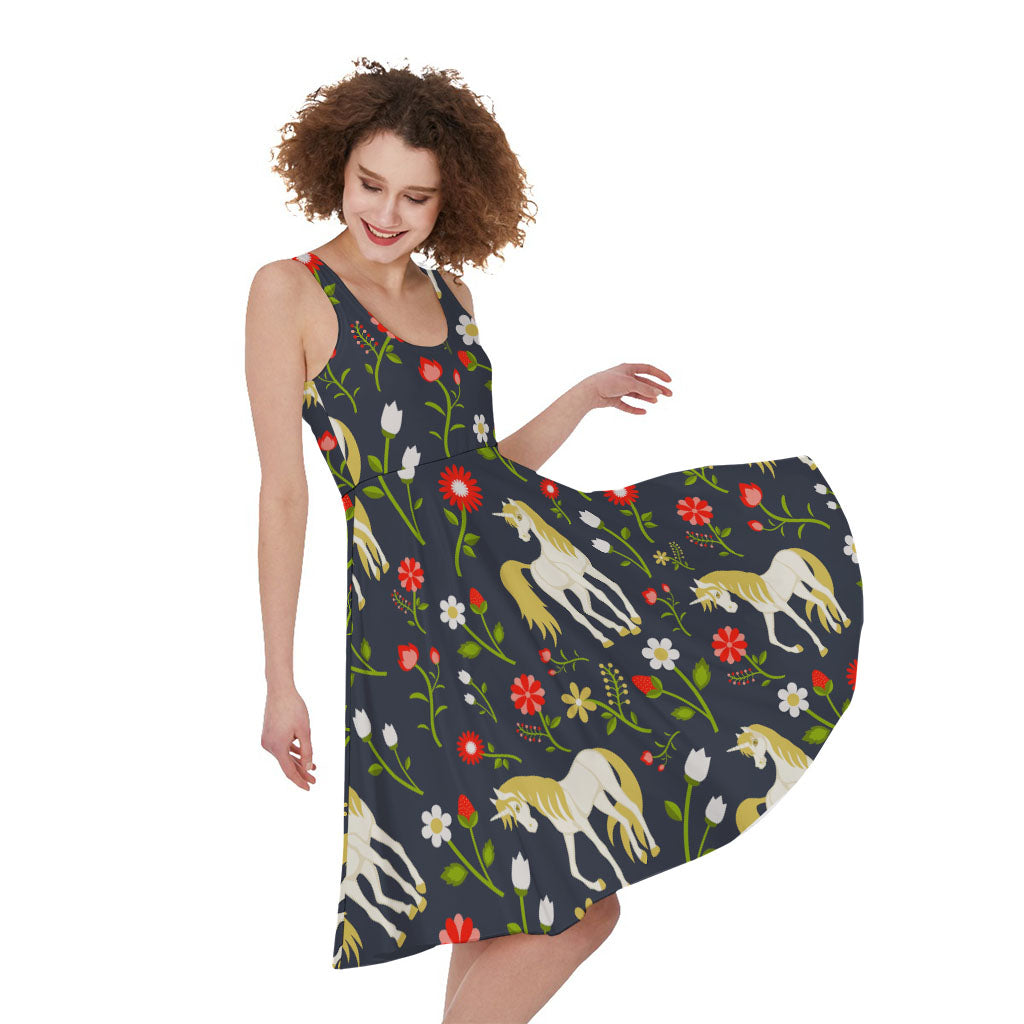 Magic Floral Unicorn Pattern Print Women's Sleeveless Dress