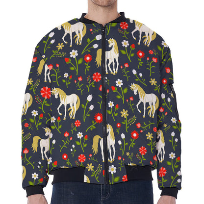 Magic Floral Unicorn Pattern Print Zip Sleeve Bomber Jacket