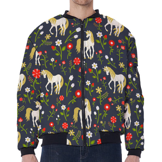 Magic Floral Unicorn Pattern Print Zip Sleeve Bomber Jacket