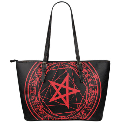 Magic Pentagram Symbol Print Leather Tote Bag