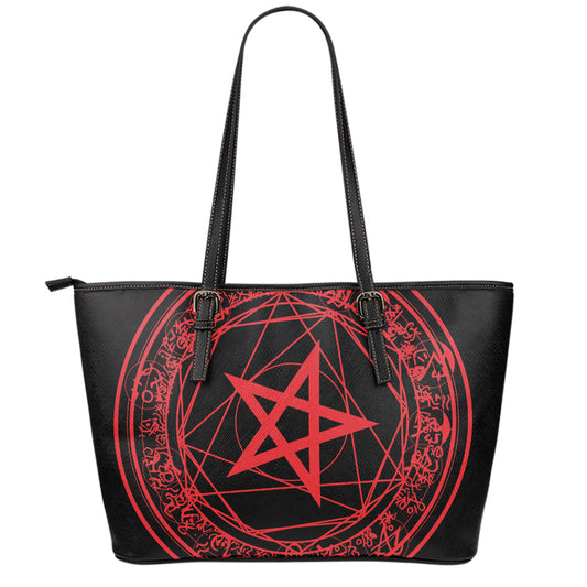Magic Pentagram Symbol Print Leather Tote Bag