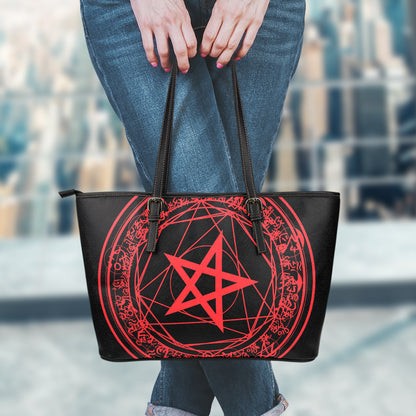 Magic Pentagram Symbol Print Leather Tote Bag