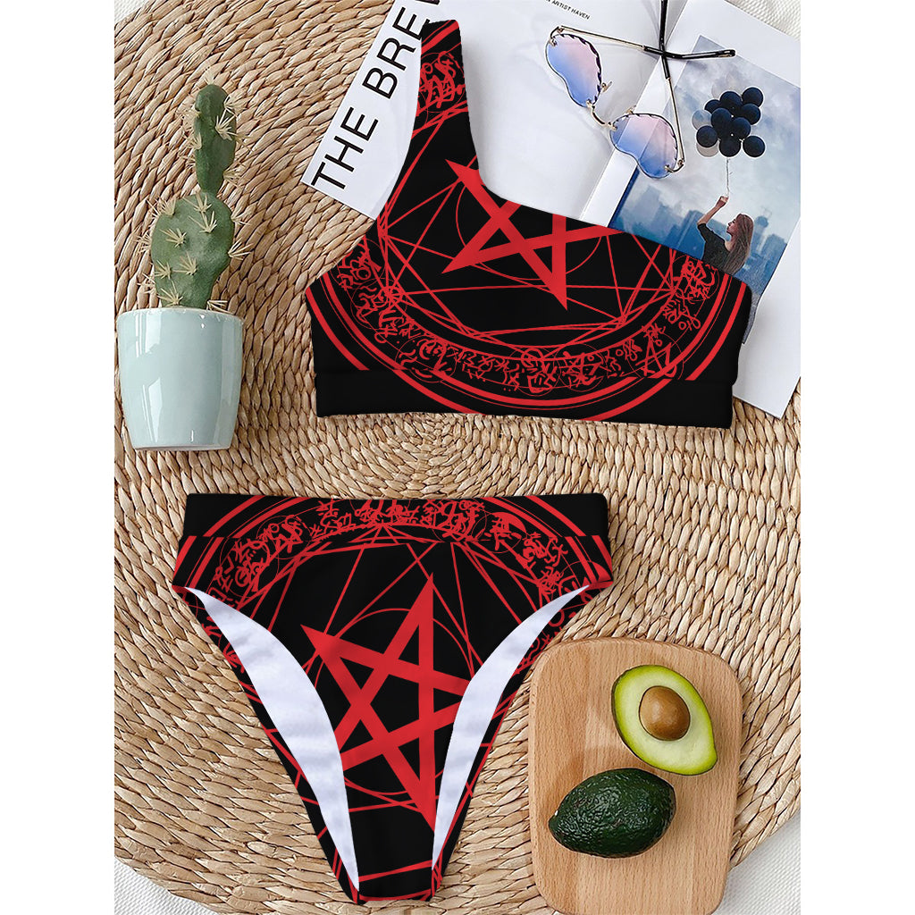 Magic Pentagram Symbol Print One Shoulder Bikini Top
