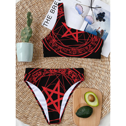 Magic Pentagram Symbol Print One Shoulder Bikini Top