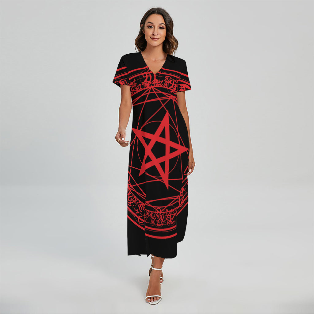 Magic Pentagram Symbol Print Short Sleeve Maxi Dress