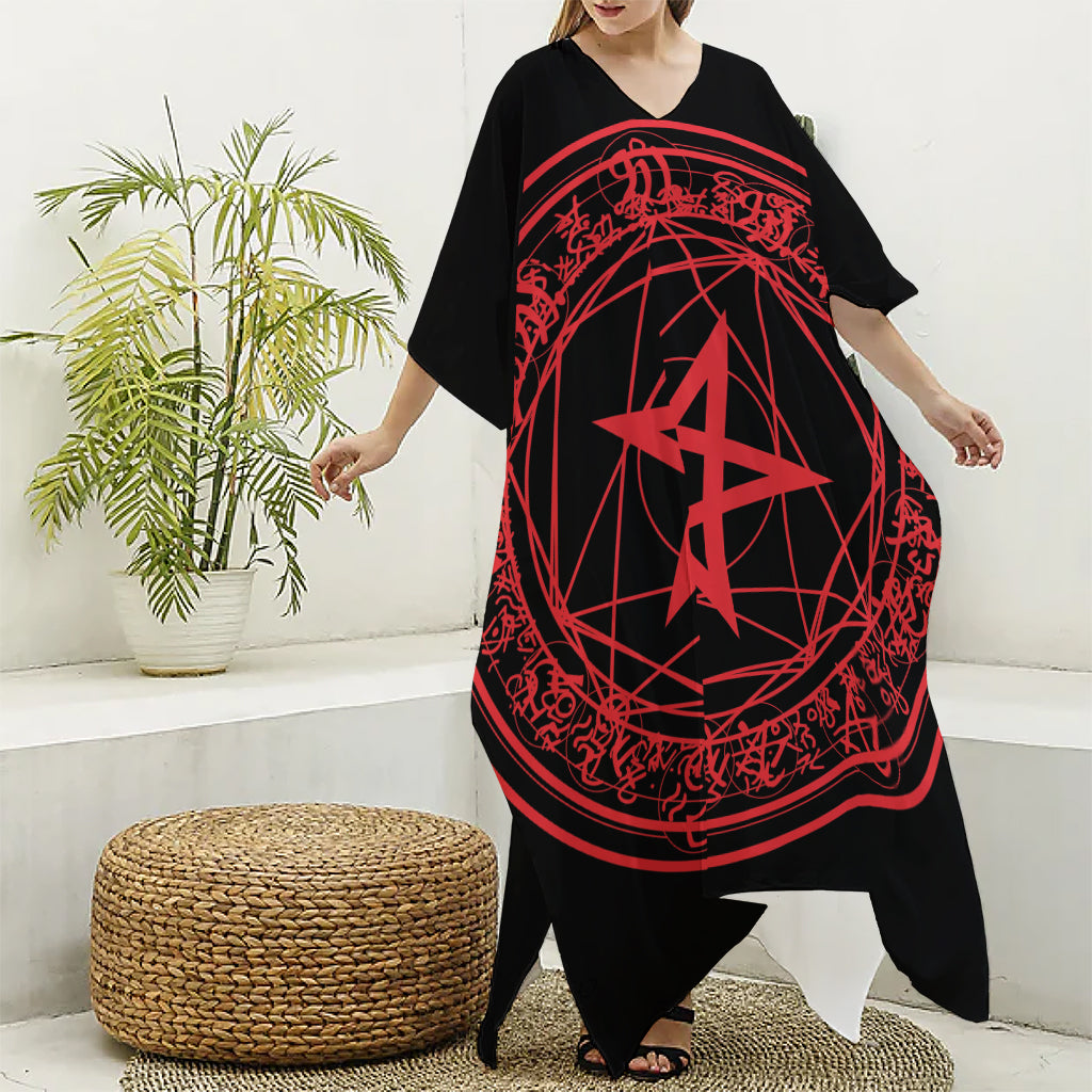 Magic Pentagram Symbol Print Silk V-Neck Kaftan Dress