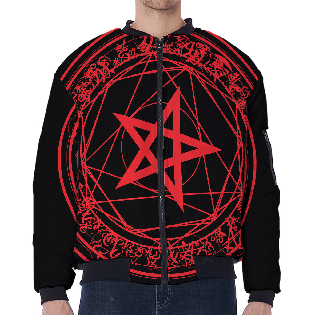 Magic Pentagram Symbol Print Zip Sleeve Bomber Jacket