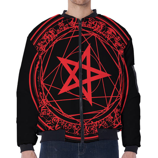 Magic Pentagram Symbol Print Zip Sleeve Bomber Jacket