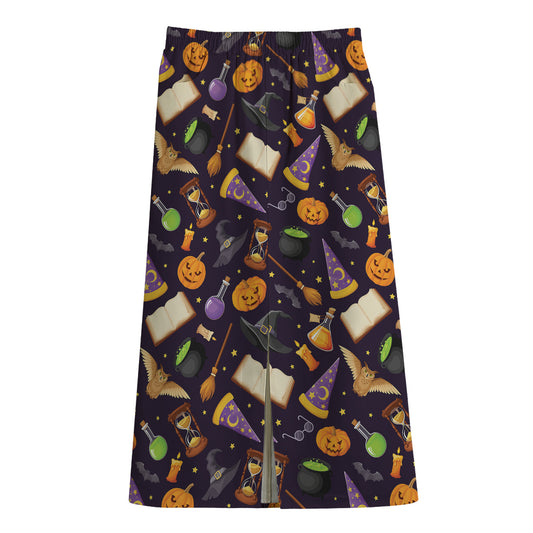 Magic Wizard Pattern Print Cotton Front Slit Maxi Skirt