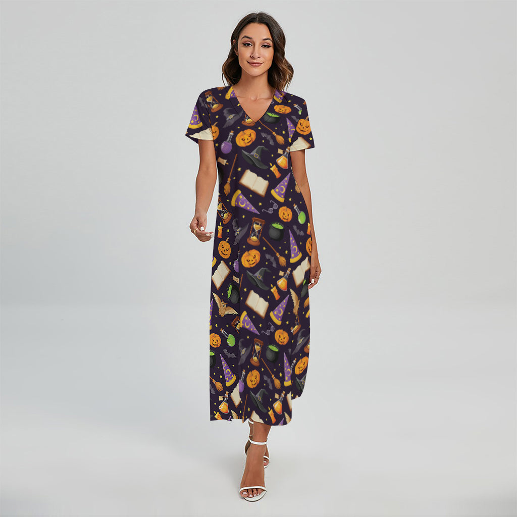 Magic Wizard Pattern Print Short Sleeve Maxi Dress