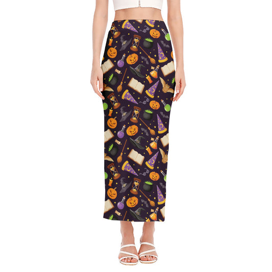 Magic Wizard Pattern Print Side Slit Maxi Skirt