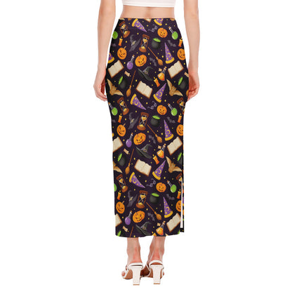 Magic Wizard Pattern Print Side Slit Maxi Skirt