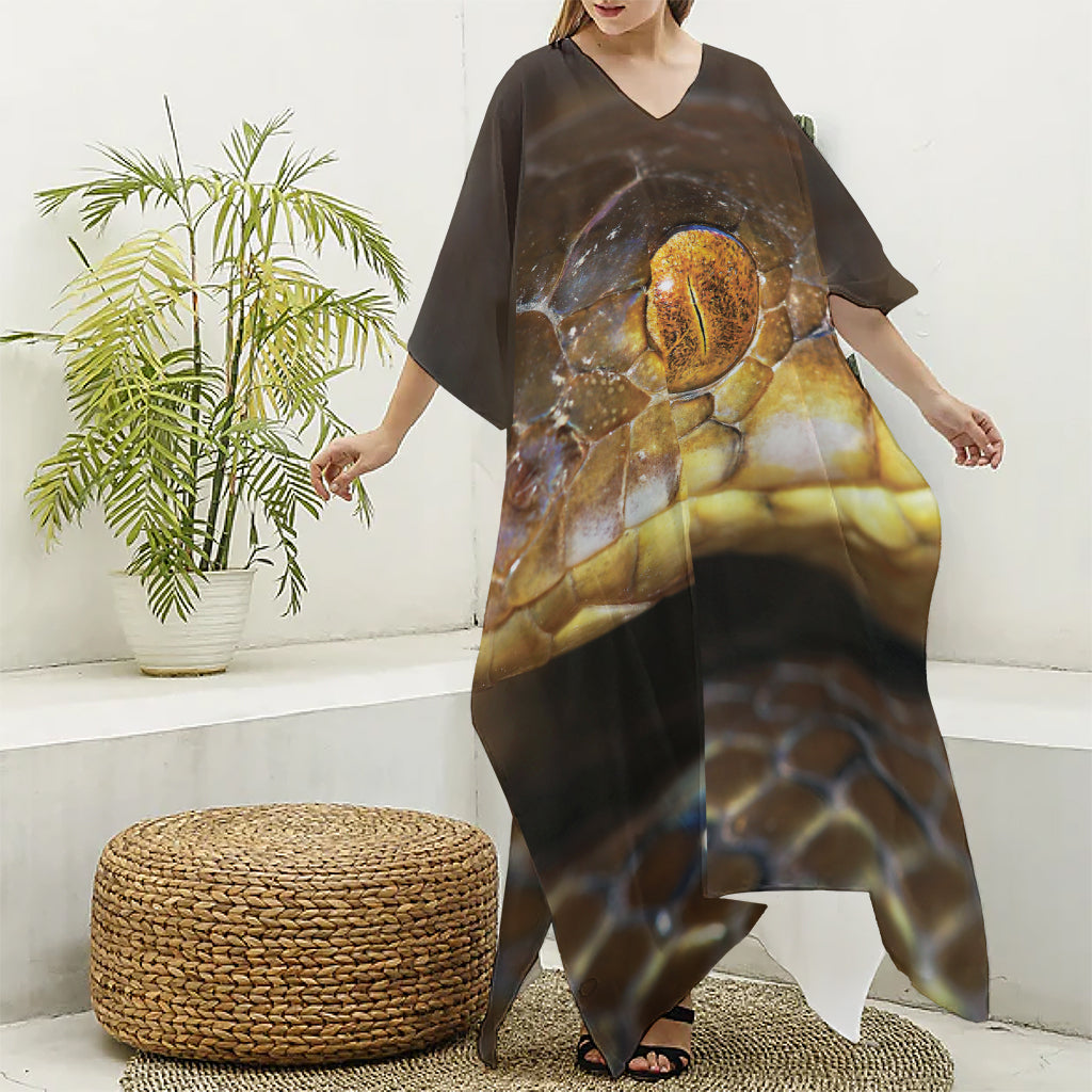 Malagasy Cat Eyed Snake Print Silk V-Neck Kaftan Dress