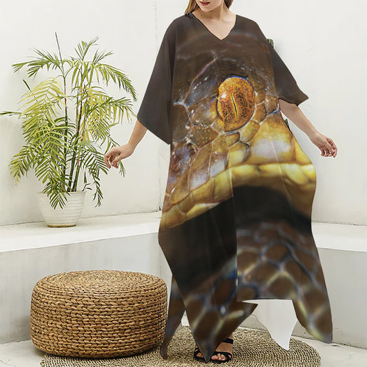 Malagasy Cat Eyed Snake Print Silk V-Neck Kaftan Dress