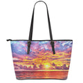 Maldives Sunset Print Leather Tote Bag With Zipper