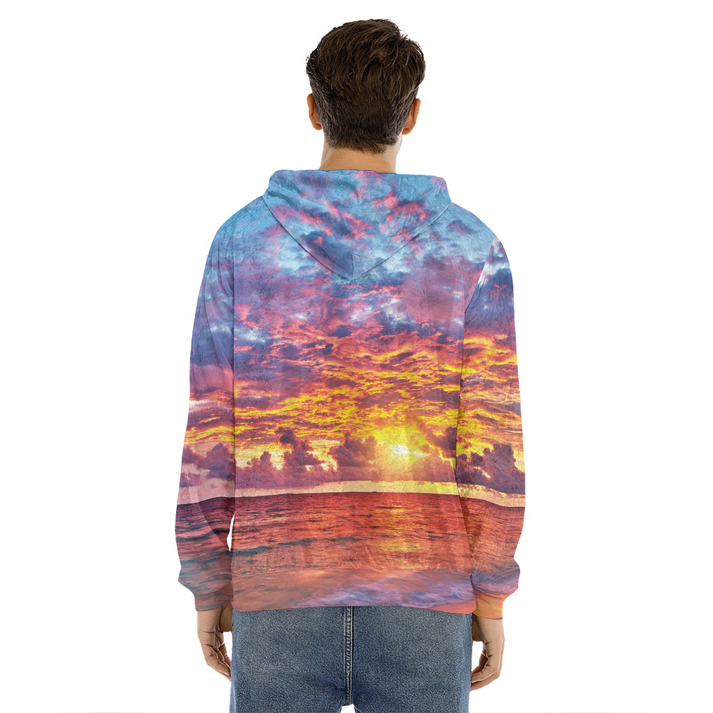 Maldives Sunset Print Men's Velvet Pullover Hoodie