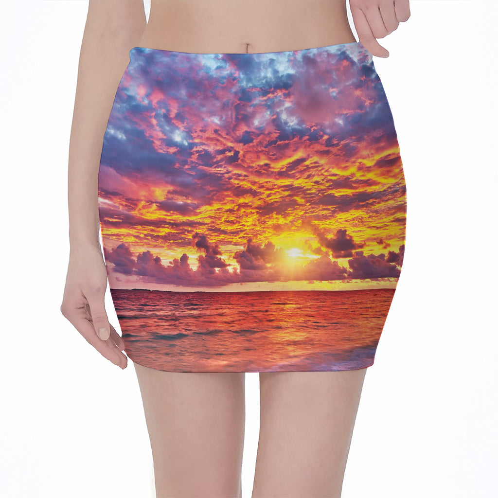 Maldives Sunset Print Pencil Mini Skirt