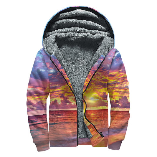 Maldives Sunset Print Sherpa Lined Zip Up Hoodie