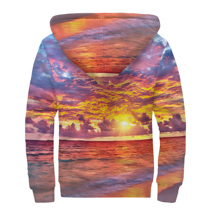 Maldives Sunset Print Sherpa Lined Zip Up Hoodie