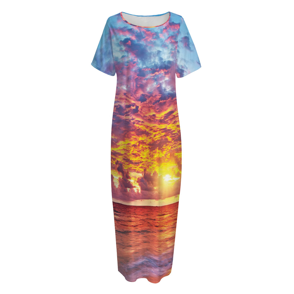 Maldives Sunset Print Short Sleeve Long Nightdress