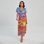 Maldives Sunset Print Short Sleeve Maxi Dress