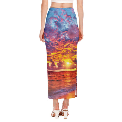 Maldives Sunset Print Side Slit Maxi Skirt