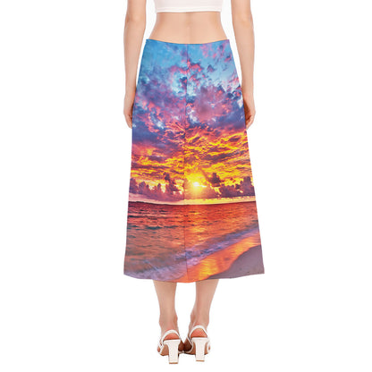 Maldives Sunset Print Side Slit Midi Skirt