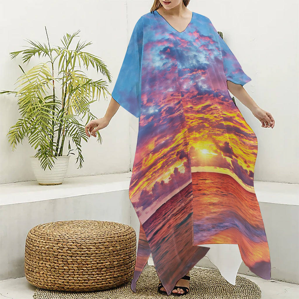 Maldives Sunset Print Silk V-Neck Kaftan Dress