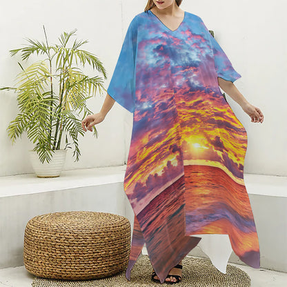 Maldives Sunset Print Silk V-Neck Kaftan Dress