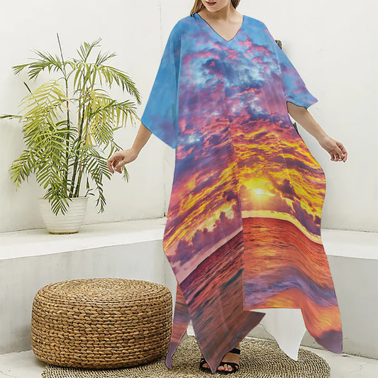 Maldives Sunset Print Silk V-Neck Kaftan Dress
