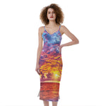 Maldives Sunset Print Slim Fit Midi Cami Dress