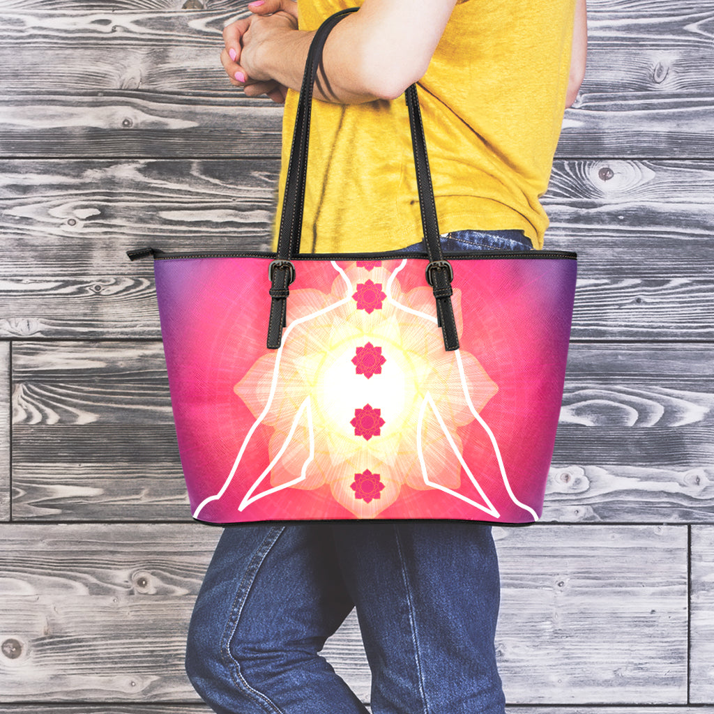 Mandala Chakras Aura Print Leather Tote Bag