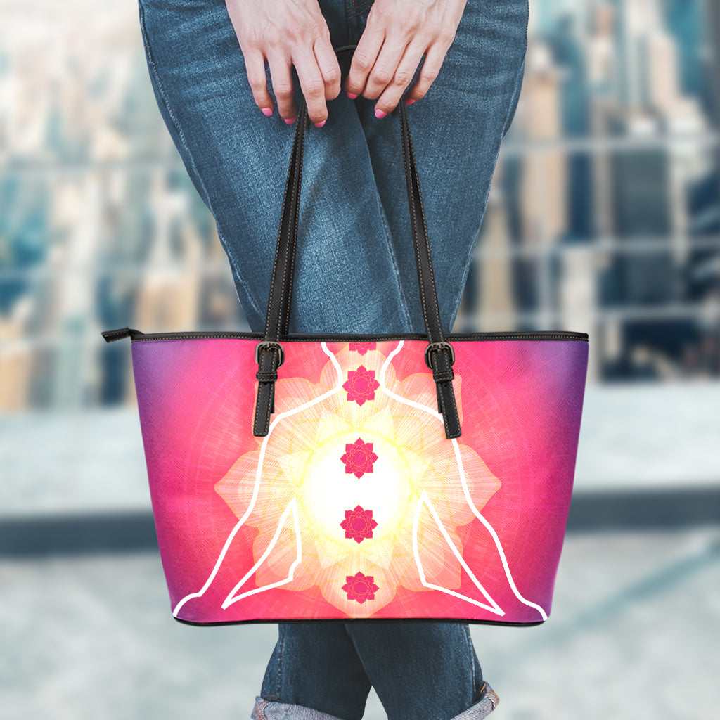 Mandala Chakras Aura Print Leather Tote Bag