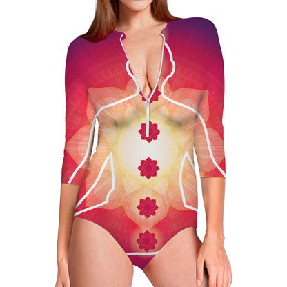 Mandala Chakras Aura Print Long Sleeve Swimsuit