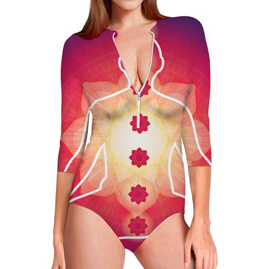 Mandala Chakras Aura Print Long Sleeve Swimsuit