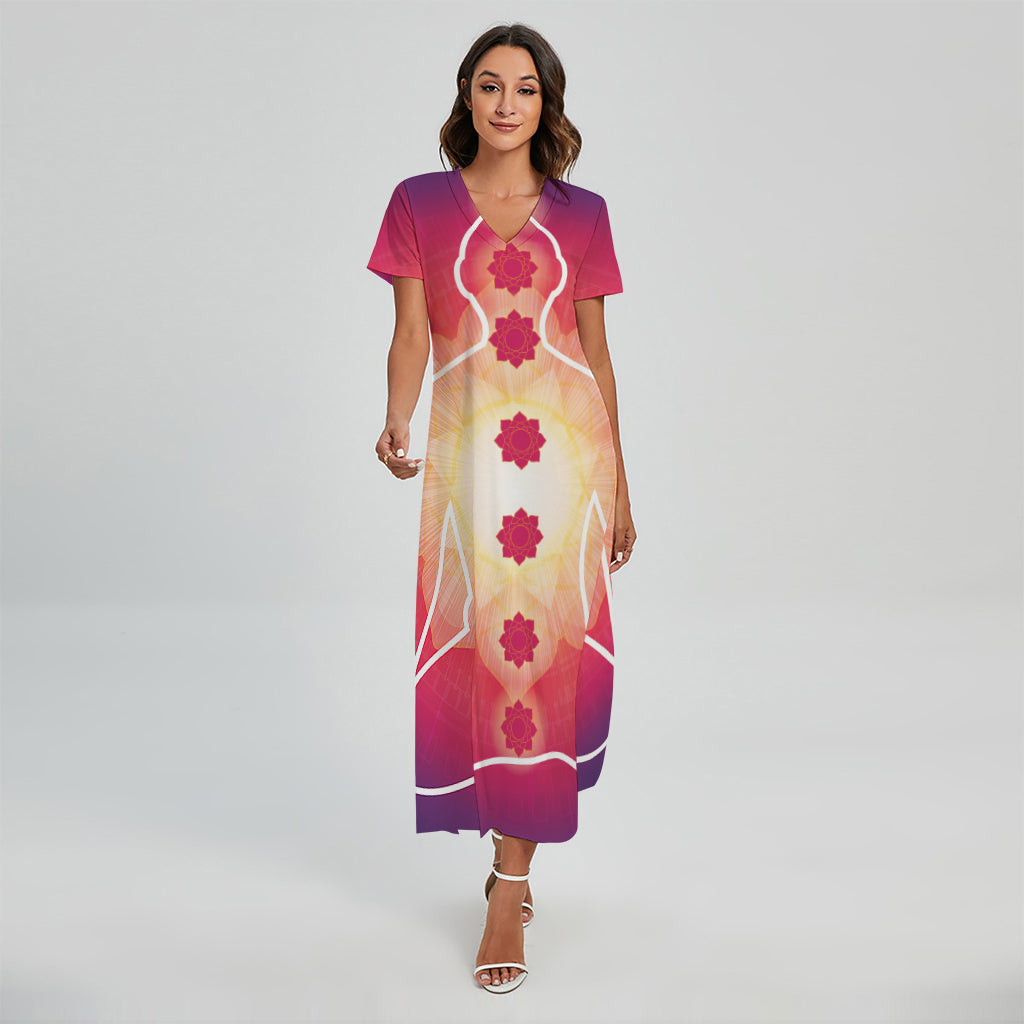 Mandala Chakras Aura Print Short Sleeve Maxi Dress