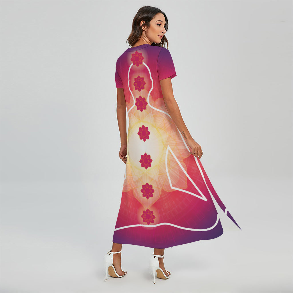 Mandala Chakras Aura Print Short Sleeve Maxi Dress