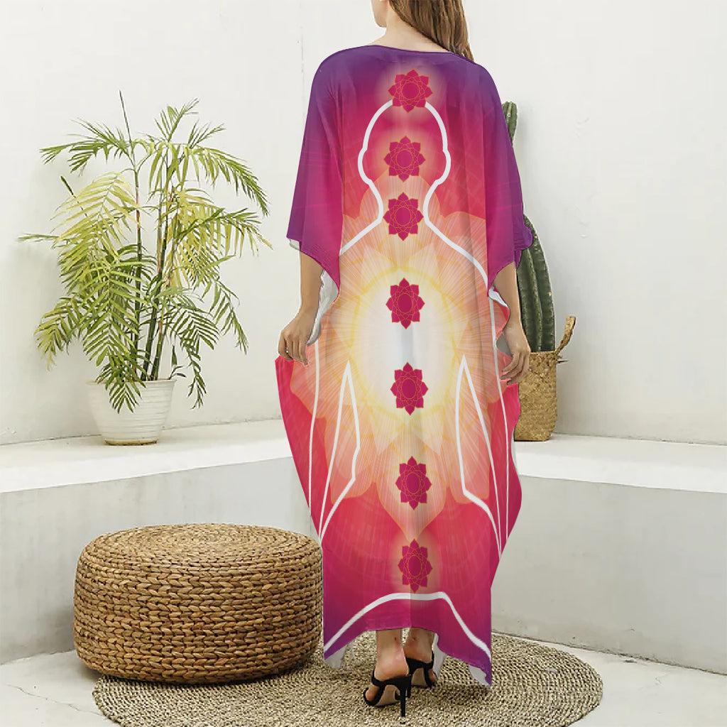 Mandala Chakras Aura Print Silk V-Neck Kaftan Dress