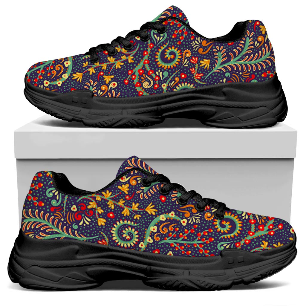 Mandala Floral Bohemian Pattern Print Black Chunky Shoes
