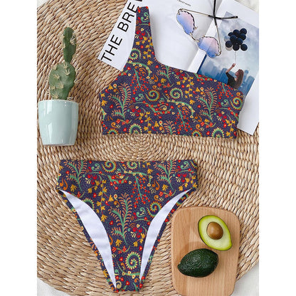 Mandala Floral Bohemian Pattern Print One Shoulder Bikini Top