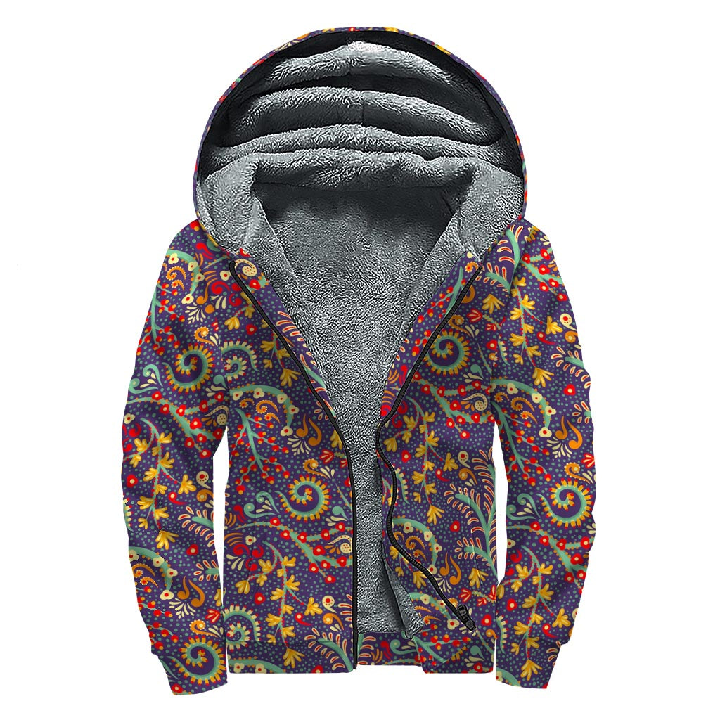 Mandala Floral Bohemian Pattern Print Sherpa Lined Zip Up Hoodie