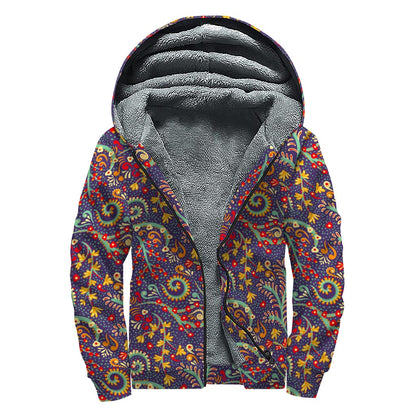 Mandala Floral Bohemian Pattern Print Sherpa Lined Zip Up Hoodie
