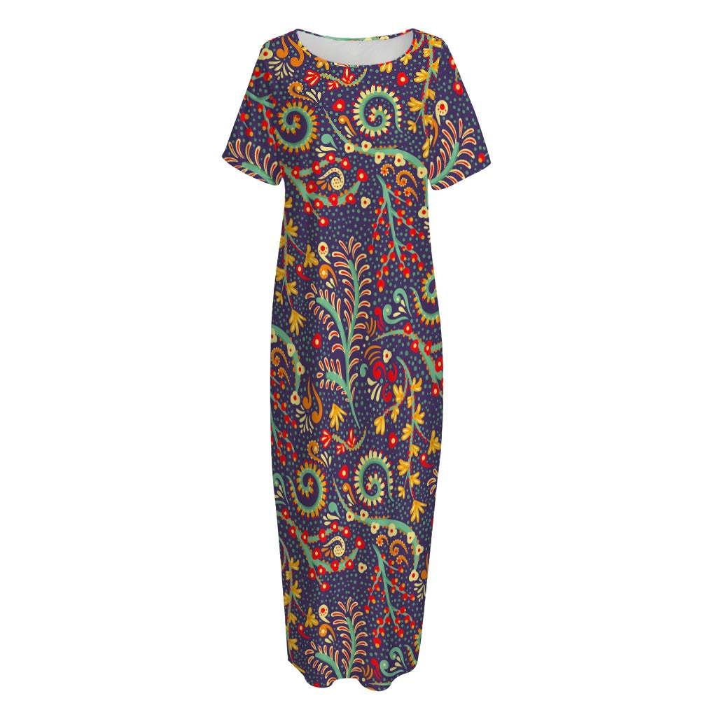 Mandala Floral Bohemian Pattern Print Short Sleeve Long Nightdress