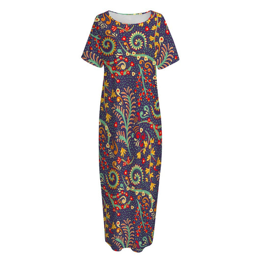 Mandala Floral Bohemian Pattern Print Short Sleeve Long Nightdress