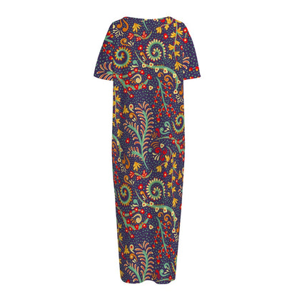 Mandala Floral Bohemian Pattern Print Short Sleeve Long Nightdress