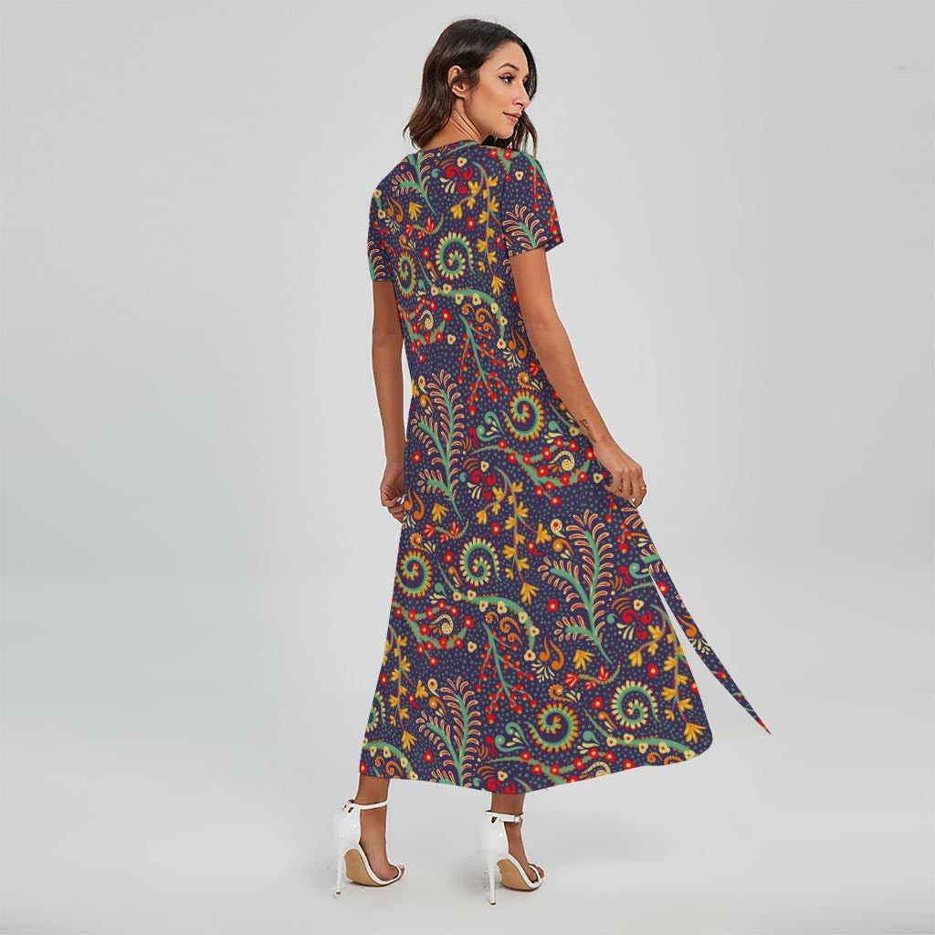 Mandala Floral Bohemian Pattern Print Short Sleeve Maxi Dress