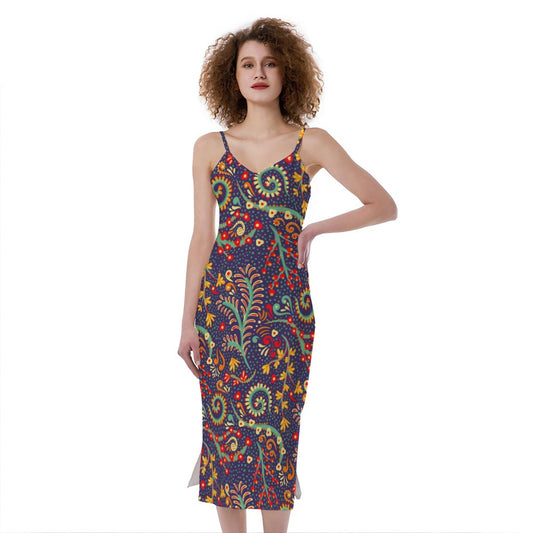 Mandala Floral Bohemian Pattern Print Slim Fit Midi Cami Dress