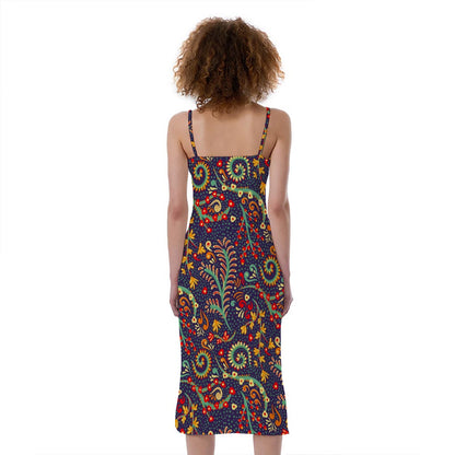 Mandala Floral Bohemian Pattern Print Slim Fit Midi Cami Dress