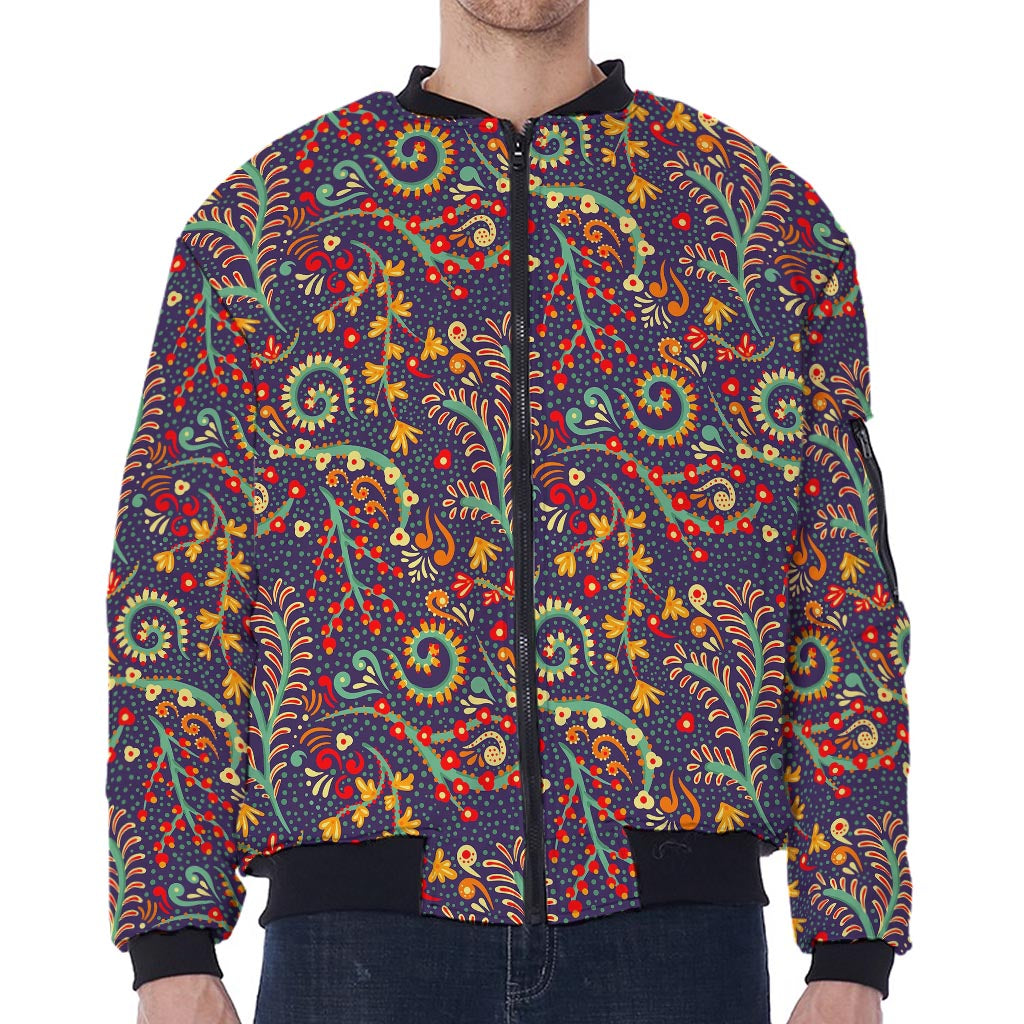 Mandala Floral Bohemian Pattern Print Zip Sleeve Bomber Jacket
